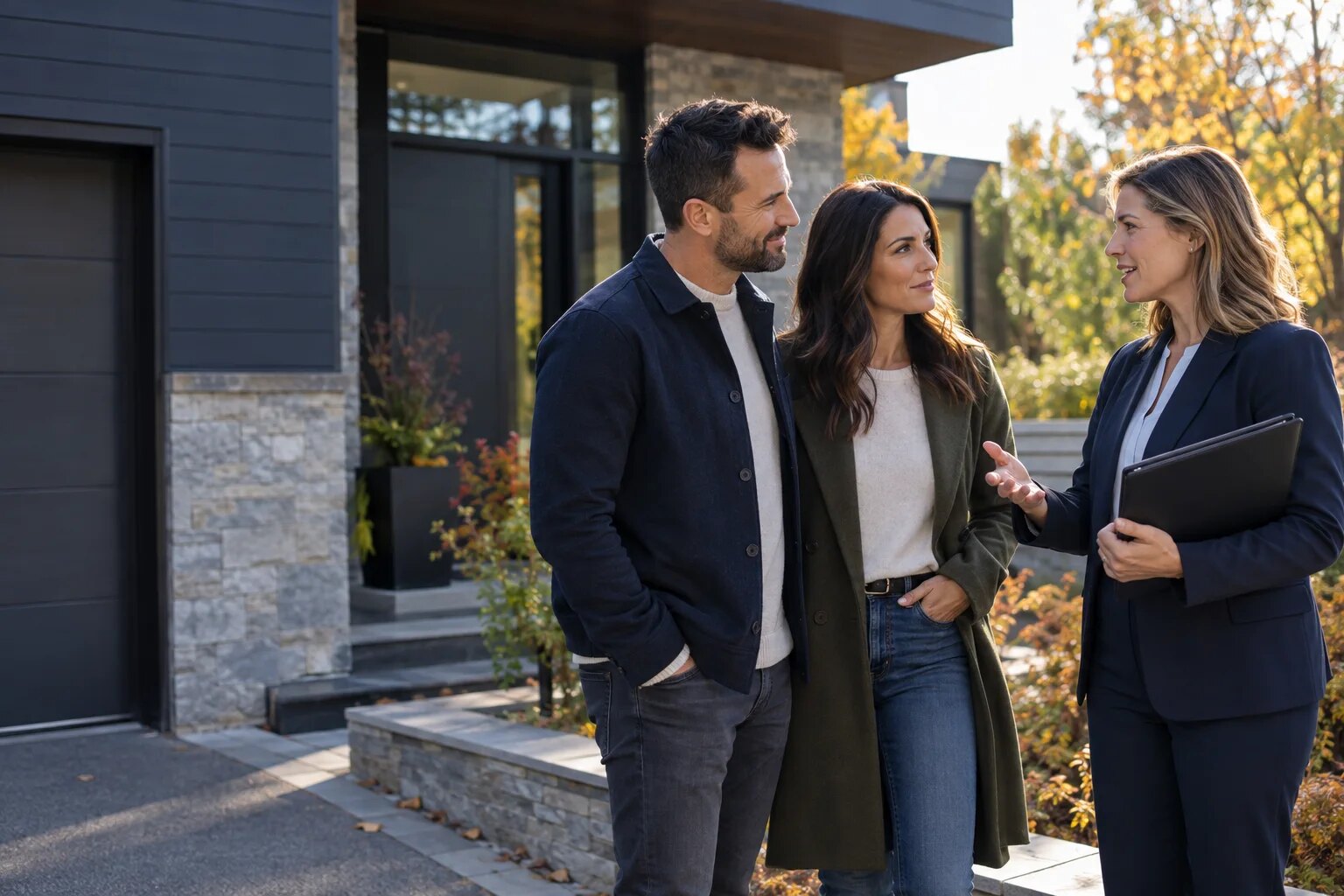 Un couple échange avec une courtière immobilière devant une maison
